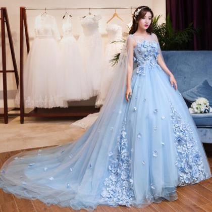 Light Blue Elegant Wedding Dresses, Sheer Scoop Neck Long Wedding Dress