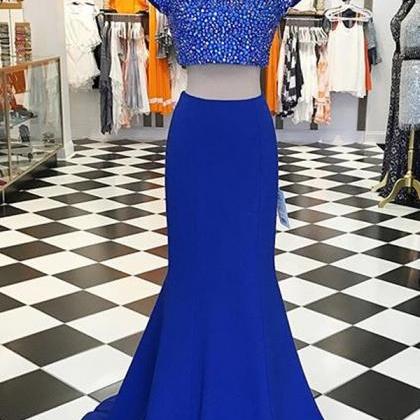 Two Piece Prom Dress Dark Blue Prom Dresses 2 Piece Short Sleeve