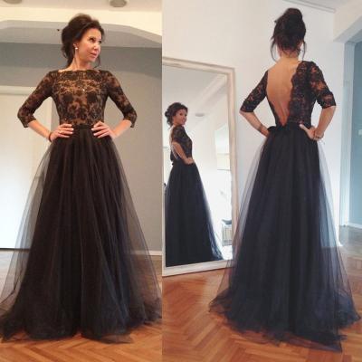New Arrival Black Prom Dress, With Appliques A Line Tulle Evening Dress,Beaded Long Sleeve Formal Party Dress