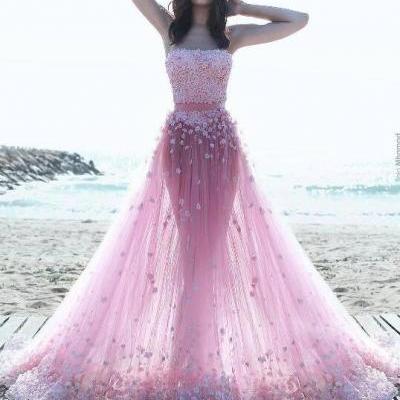 Two Piece Prom Dresses, 3D Flowers Evening Dress, Strapless Evening Dress, Floral Dresses Long, Pink Evening Dress, Cheap Evening Dress, A Line Evening Dress, Affordable Formal Dresses, 2017 Evening Dresses Formal