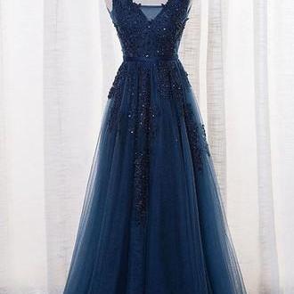 Elegant Tulle Prom Dress, Lace Prom Dresses, Navy Blue Long Prom Dress with Open Back, Formal Dresses, Woman Evening Dress, Wedding and Evening Events Dress