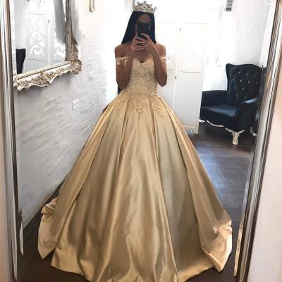 Romantic Lace Ball Gowns Prom Dress,Quinceanera Dresses, Long Prom Dresses Satin Off the Shoulder Appliqued Quinceanera Dresses Sweep Train Wedding Dresses