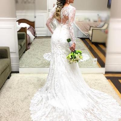 Cheap wedding dresses ,Romantic Lace Mermaid Wedding Dress with Sheer Long Sleeves