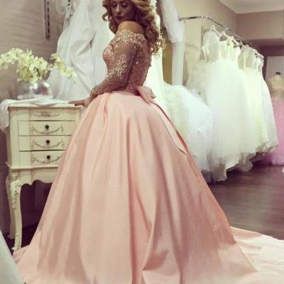 Ball Gown Long Sleeves Evening Gown Bowknot Gold-Lace Off-the-Shoulder Prom Dresses