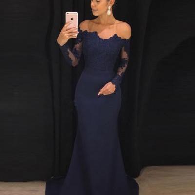 Off the Shoulder Navy Prom Dress,Mermaid Prom Dresses with Long Sleeves,Sweep Train Lace Prom Dress 