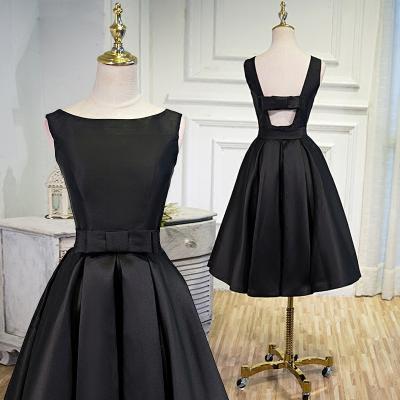 Elegant A-line Bateau Party Dresses,Knee-length Black Prom Dress with Bowknot