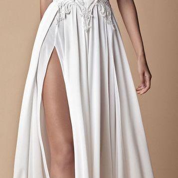 Stunning prom gowns, sexy long evening dresses ,modest white slit prom dress , Floor-length Evening Dresses,Side Slit Prom Dresses