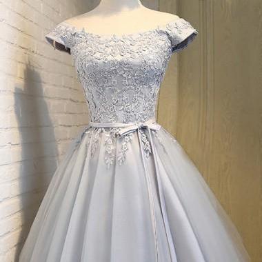 A-Line Off-the-Shoulder Homecoming Dress,Short Sleeveless Grey Tulle Homecoming Dress with Appliques,prom dress, graduation dress, formal evening dress