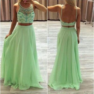 Prom Dress,Sexy Elegant Mint Green Low Back Beaded Two Piece Long Prom Dress With Straps,Cheap Prom Dress,Formal Dress, Sexy Gril Dress, Floor-Length Prom Dresses, Evening Dresses, Custom Dress