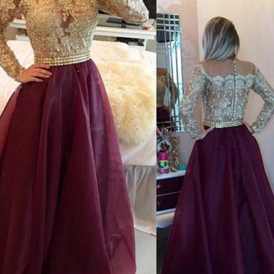 Prom Dress, Long Sleeves Burgundy Organza Illusion Scoop Prom/Evening Dress With Appliques Buttons,Cheap Prom Dress,Formal Dress, Sexy Gril Dress, Floor-Length Prom Dresses, Evening Dresses, Custom Dress