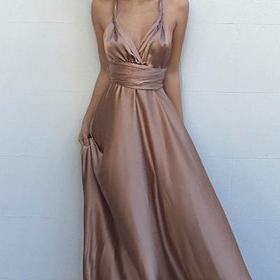 Prom Dress, Hot Selling V-Neck Long Criss-Cross Straps Blush Prom Dress with Pleats,Cheap Prom Dress,Formal Dress, Sexy Gril Dress, Floor-Length Prom Dresses, Evening Dresses, Custom Dress