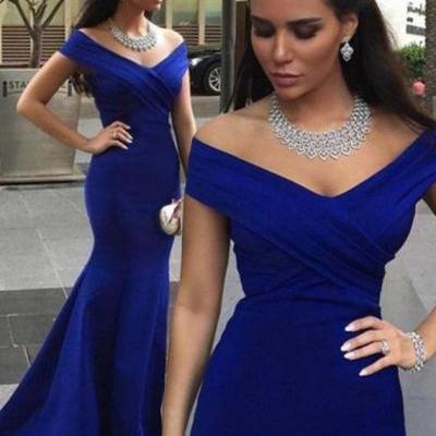 Sexy Off the Shoulder Short Sleeves Royal Blue Prom Dress with Pleats ,Cheap Prom Dress,Formal Dress, Sexy Gril Dress, Floor-Length Prom Dresses, Evening Dresses, Custom Dress