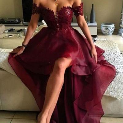 Prom Dress,Sexy Prom Dress, Fashion Off the Shoulder High Low Burgundy Backless Prom Dress with Lace,Cheap Prom Dress,Formal Dress, Sexy Gril Dress, Floor-Length Prom Dresses, Evening Dresses, Custom Dress