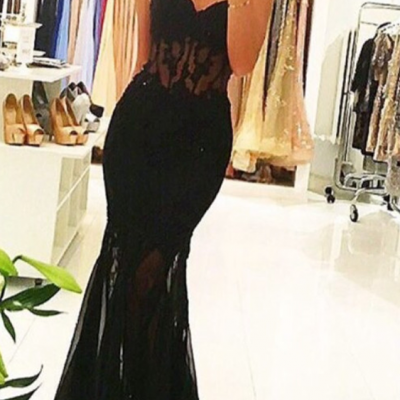  Sexy Mermaid Prom Dress, New Prom Dresses,Tulle Black Sexy Mermaid Sheer 2017 Long Appliques Evening Dresses
