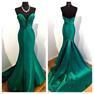Sexy Prom Dress,Sleeveless Prom Dresses,Emerald Green Satin Long Mermaid Evening Dresses 2017,Court Train Evening Pageant Gowns