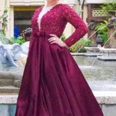 Satin Prom Gowns,Long Sleeve Prom Dresses,Burgundy Prom Dress,Prom Dresses with Pearls Beaded, Prom Dress Full Sleeve, Lace Prom Dress