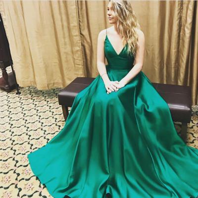 Sexy A Line Prom Dress,v neck long green satin ball gowns prom dresses 2017 