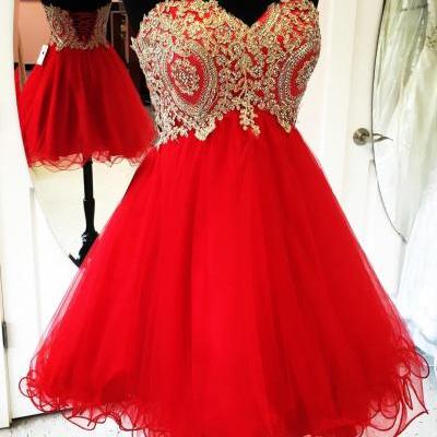 Gold Lace Appliques Short Red Homecoming Dresses 2017 Cocktail Party Dress,Graduation Dresses,Short Prom Gowns