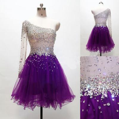 Grape Homecoming Dress,One Shoulder Homecoming Dresses,Tulle Homecoming Gowns,Short Prom Gown,Sweet 16 Dress,Glitter Homecoming Dress,Fitted Formal Dress