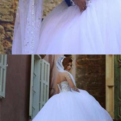 Wedding Dress,Shining & Sparkly Illusion Neck Wedding Dress,Long Sleeves Wedding Dresses, Lace Up Rhinestone Beaded Tulle Bridal Dress,Ball Gown Wedding Gown