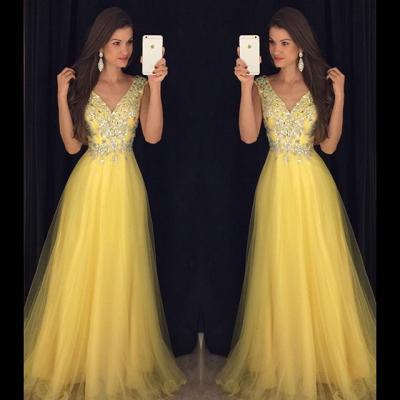 New Arrival Prom Dress,Modest Prom Dress,Deep V Neck Long Yellow Prom Dresses ,Cap Sleeves Evening Gowns