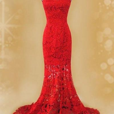 Red Lace Prom Dress, Mermaid Prom Dresses ,High Neck Prom Dress