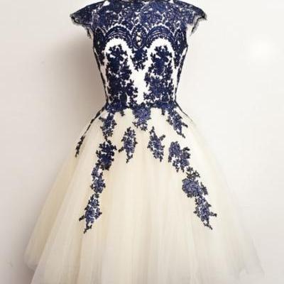 Custom Round Neck Party Dress,White And nevy Blue Short Lace Prom Dresses, Short Dresses For Prom