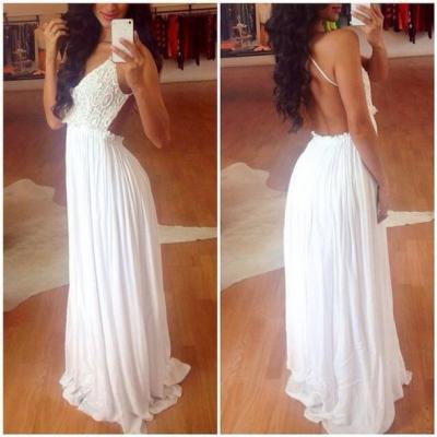 Charming Lace Prom Dress,Top Chiffon Backless Prom Dresses, White Lace Prom Dress Backless Prom Gowns