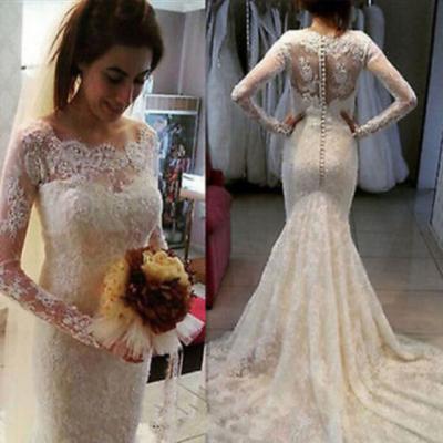 Lace Mermaid Wedding Dress, With Long Sleeve Wedding Dresses,Button Applique White Court Train Bridal Gowns