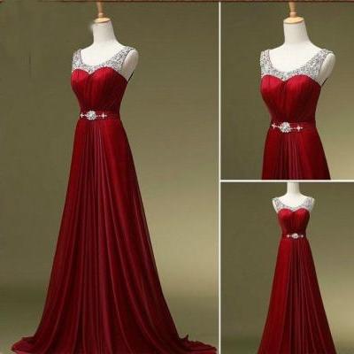 Beaded Embellished Scoop Neck Sleeveless Red Chiffon Floor Length A-Line Prom Dress Featuring Beaded Embellished Belt