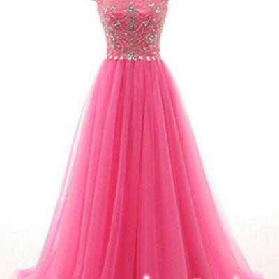 Prom Dress, Long Prom Dress, Prom Dress, Pink Tulle Beading Long Prom Dress, Sleeveless Tulle Prom Dress, Prom Dress New, Evening Dress, Party Dresses