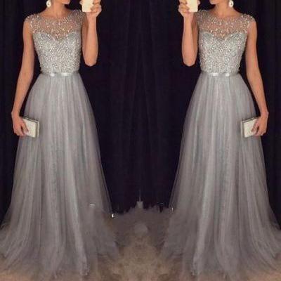 Sparkly Grey Beading Tulle Prom Dresses,Evening Dresses,Evening Gown,Prom Dress