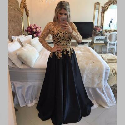 Sexy Illusion Back Long Party Dresses, Long Sleeve Black Prom Dresses With Gold Sequins, A Line Black Satin Pageant Prom Dresses, Jewel Neck Black Gala Dresses Plus Size 2017, Formal Black Evening Dress,Customize Gold Beaded Party Dress