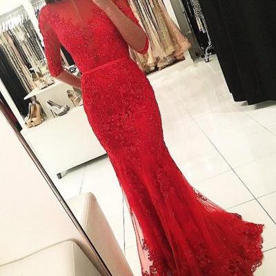 Lace Prom Dress,Sexy Red Backless Half Sleeved Long Evening Dresses,Open Back Sweep Train Prom Gowns,Prom Dresses ,Modesr Evening Dresses,Beauty Party Dresses