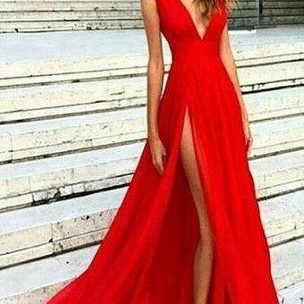 Sexy Slit Prom Dress,V-neckline Red Evening Gowns,Split Prom Dresses,Slit Sexy Party Dresses.Red Formal Dress