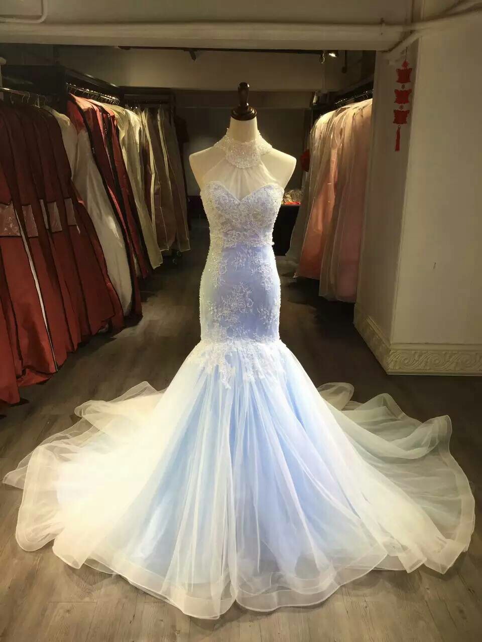 Blue and White Mermaid Wedding Dress