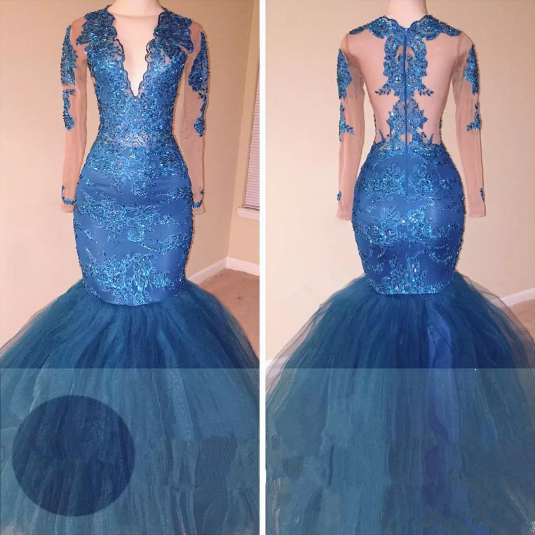 Ocean Blue Lace Appliques Prom Dresses,mermaid Prom Dress V-neck Long ...