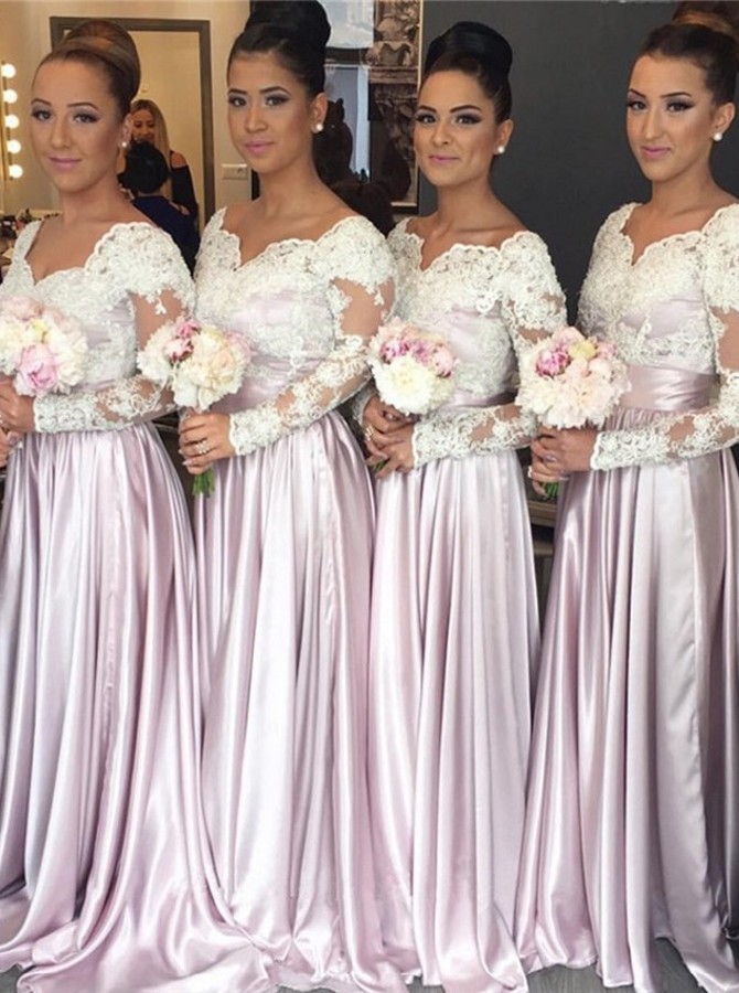 Clic A Line Square Bridesmaid Dress Long Sleeves Pink Clic A Line Square Bridesmaid Dress Long Sleeves Pink Dresses Satin With Lace