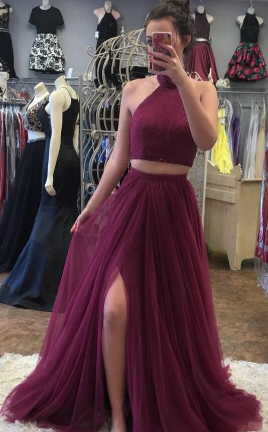 dark purple two piece prom dress