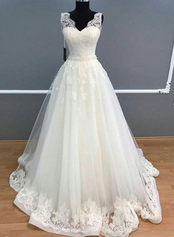white lace a line wedding dress