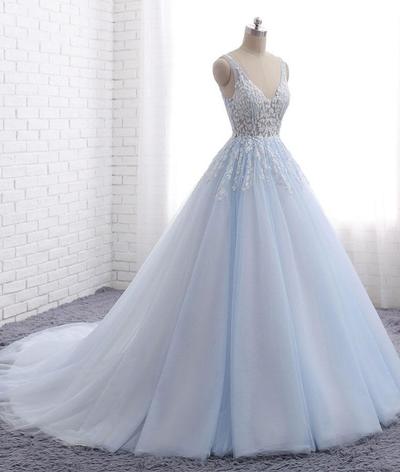 Blue Tulle Long V Neck Wedding Dress Customize Halter Evening