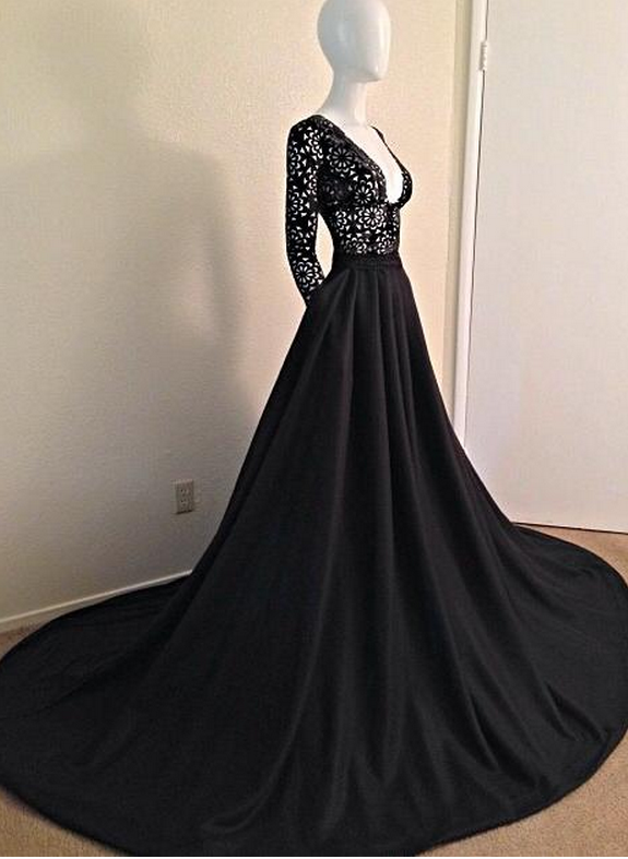 Black Lace Plunge V Long Sleeves Floor Length Formal Gown Prom
