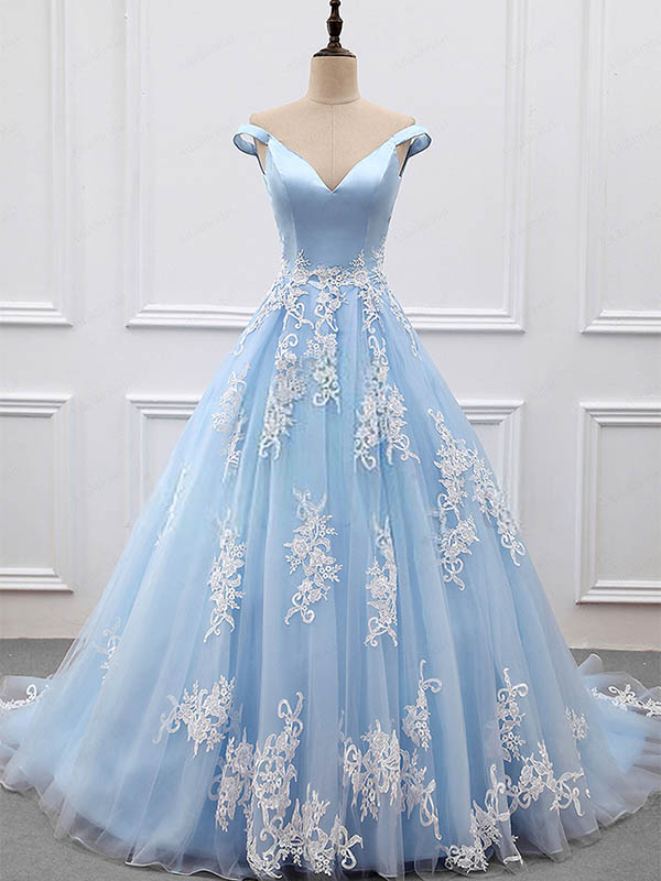 Sky Blue Off-The-Shoulder Plunge V Floor Length Tulle Formal Gown ...