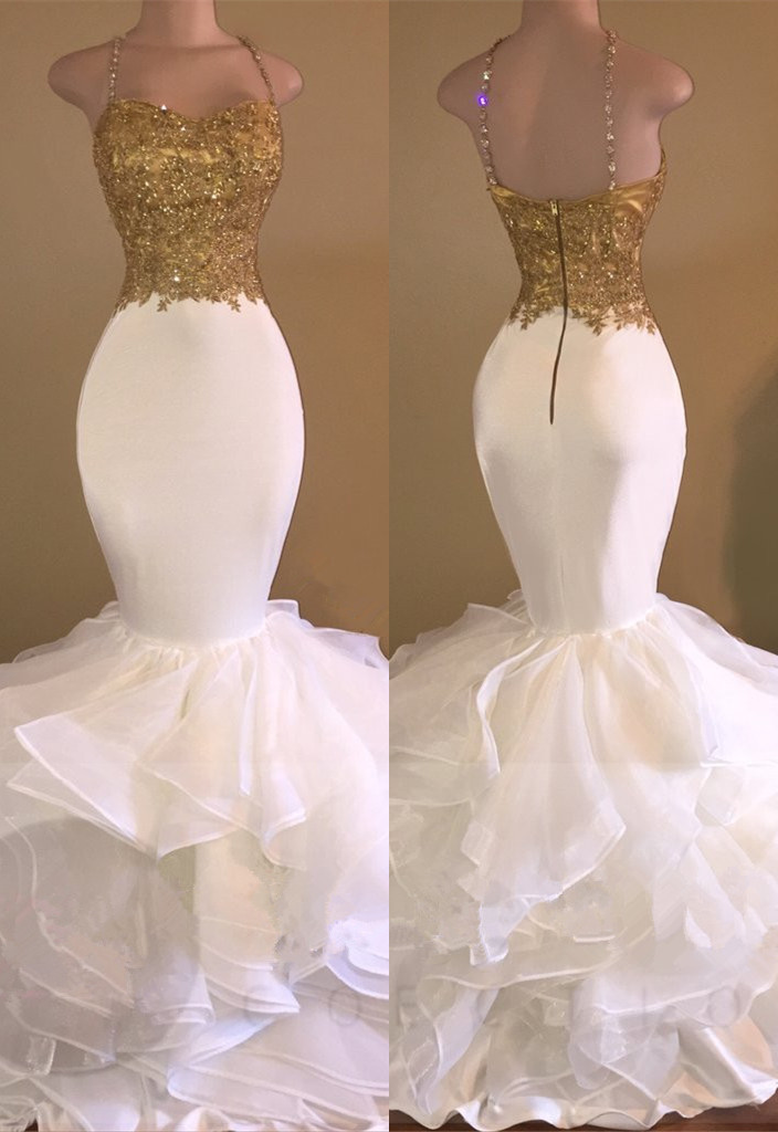 white and gold mermaid prom dress
