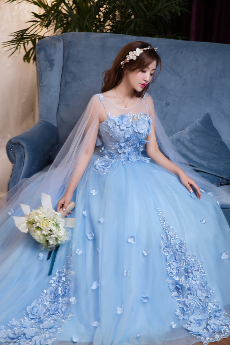 Light Blue Elegant Wedding Dresses, Sheer Scoop Neck Long Wedding Dress ...