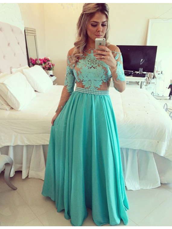 Prom Dress,Charming Turquoise Crew Neck Long Sleeves Illusion Back Long ...