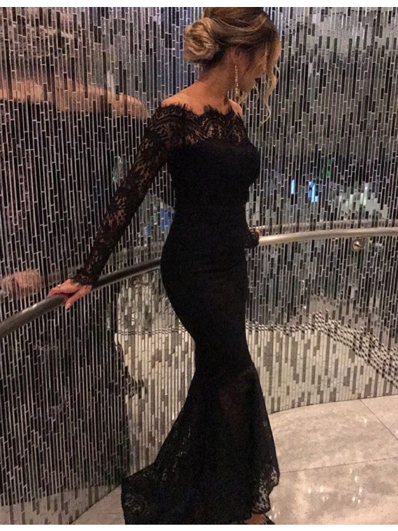 Prom Dress Sexy Mermaid Off The Shoulder Long Sleeves Sweep Train Black Lace Prom Dress Cheap Prom Dress Formal Dress Sexy Gril Dress Floor Length