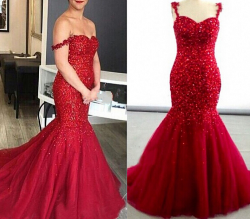 Red Embellished Sweetheart Prom Dresses