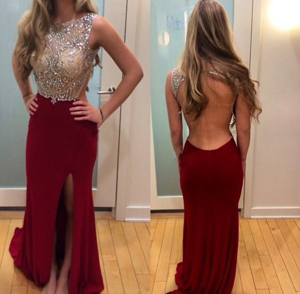 Sexy Prom Dress Pretty Sparkle Beaded Wine Red Slit Backless Prom