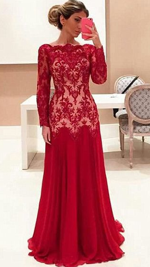 Sexy Prom Dress Long Sleeve Chiffon And Lace Prom Dresses Long